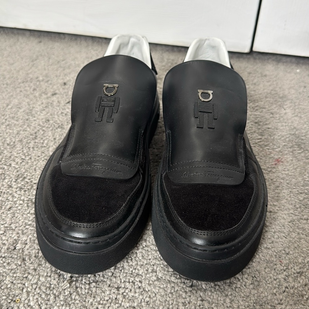 Salvatore Ferragamo Black Leather Suede Slip on Sneakers Size 8